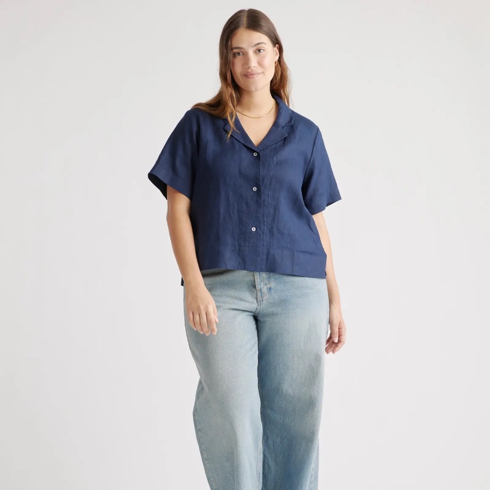 Quince Women's Navy Blue European Linen Short Sleeve Shirt sz XL Button Up